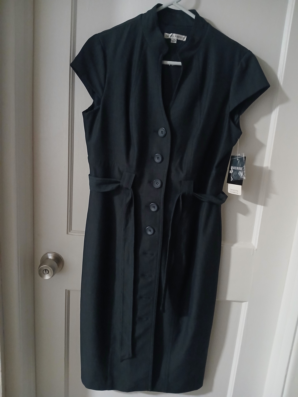 Sandra Darren Navy Midi Button-Front Sheath Dress